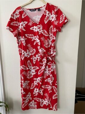Lands' End Red Floral Wrap-Style V-Neck Dress